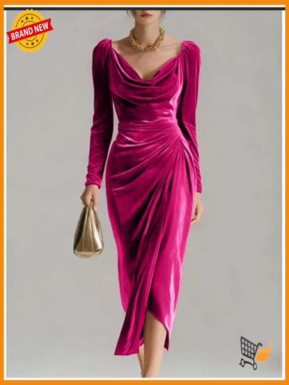 Velvet Cowl Neck Midi Bodycon Dress Long Sleeve Party Wedding Guest Ruched Slit - Picture 2 of 4